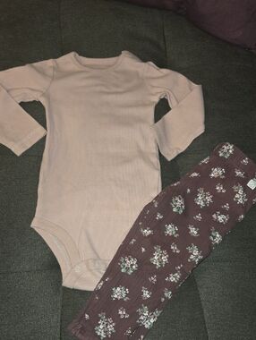Girls Long Sleeve One-Piece Bodysuit & Floral Leggings Set - Mauve Pink